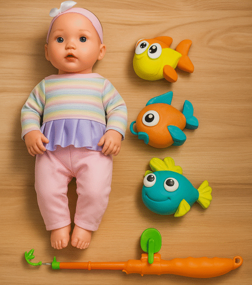 👧 Baby Doll with Fishing Set – For Kids & Babies Mini Fishing Fun with Doll, Fish & Rod