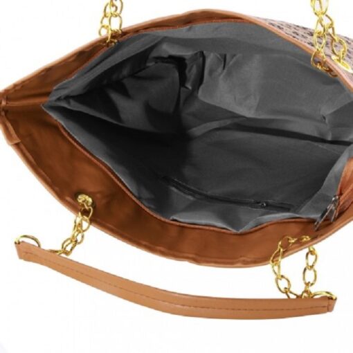 Stylish Faux Leather Shoulder Bag for Women – Iconic Pattern, Golden Chain, Rich Brown - Image 5