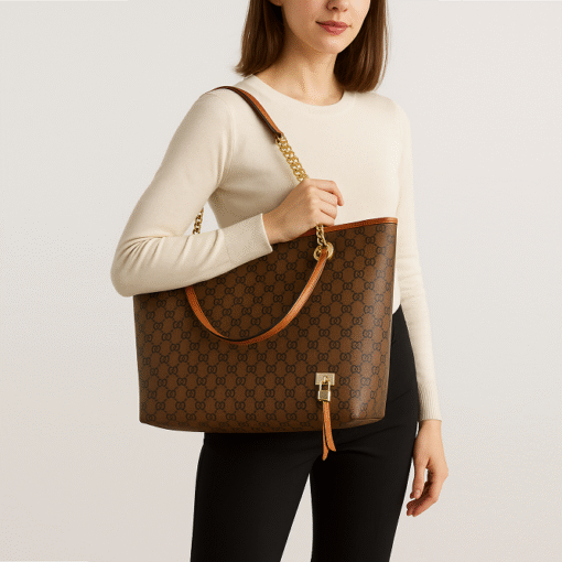 Stylish Faux Leather Shoulder Bag for Women – Iconic Pattern, Golden Chain, Rich Brown - Image 2
