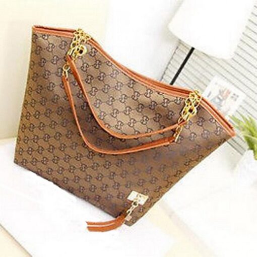 Stylish Faux Leather Shoulder Bag for Women – Iconic Pattern, Golden Chain, Rich Brown
