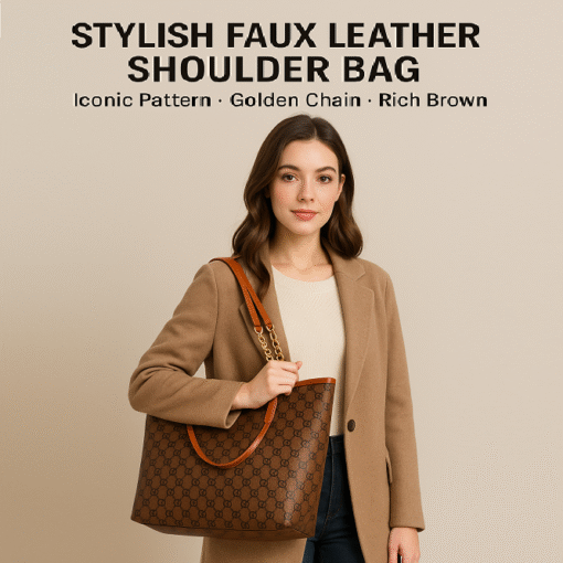 Stylish Faux Leather Shoulder Bag for Women – Iconic Pattern, Golden Chain, Rich Brown - Image 3
