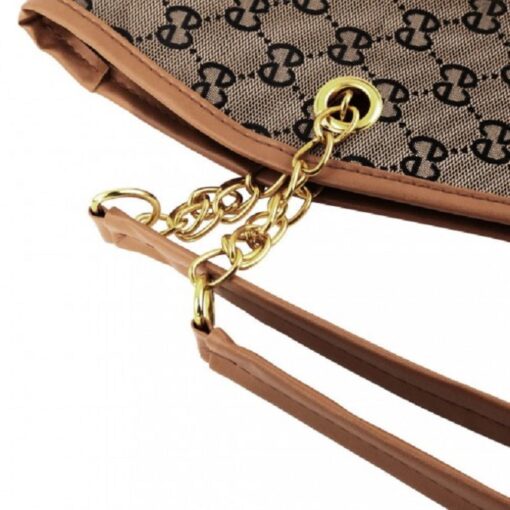 Stylish Faux Leather Shoulder Bag for Women – Iconic Pattern, Golden Chain, Rich Brown - Image 7