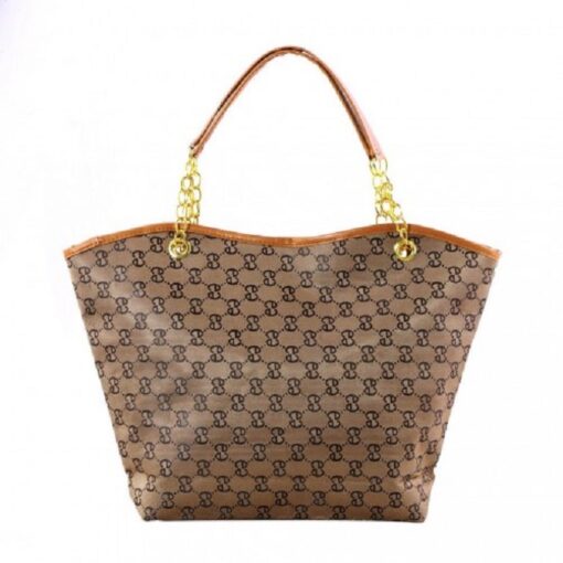 Stylish Faux Leather Shoulder Bag for Women – Iconic Pattern, Golden Chain, Rich Brown - Image 8