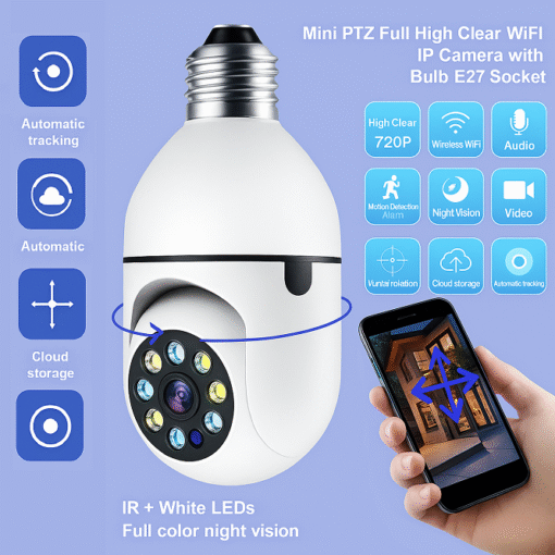 V380 Full HD 1080P Wireless PTZ IP Bulb Camera with Night Vision, Wide Angle, and Two-Way Audio