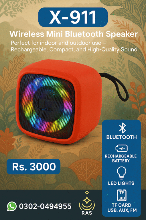X-911 Wireless Mini Bluetooth Speaker with LED Lights – Rechargeable & Portable – Indoor/Outdoor Use – Random Color